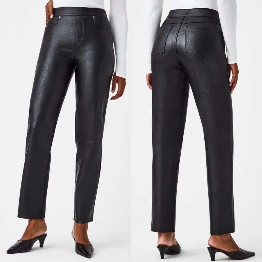 Nwt SPANX slim Straight pants in luxe black faux leather women’s size L